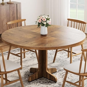 Table ronde pour 4, 47" Table de salle à manger Circle avec base en bois pour la cuisine, salon (Table seulement), brun