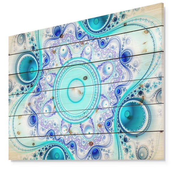 Designart 'Turquoise Wavy Circles and Curves' Abstract Print on Natural Pine Wood