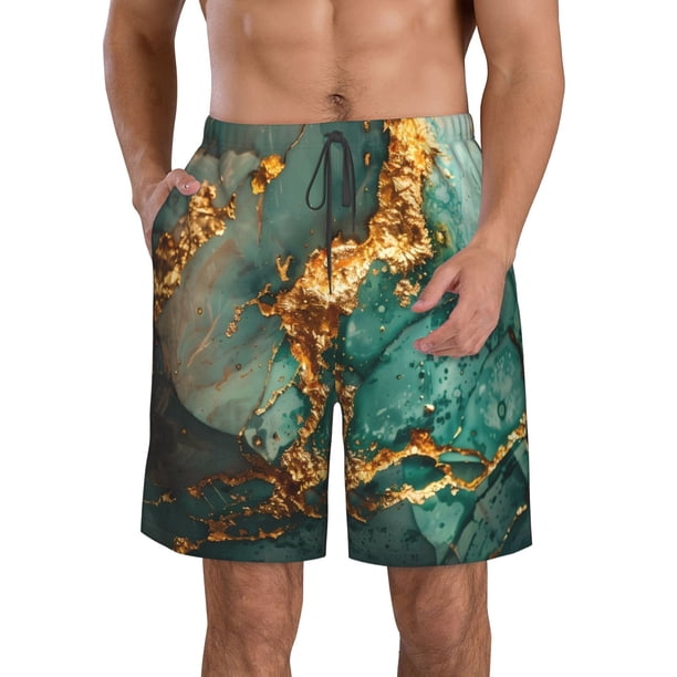 Fotbe Emerald Color Gold Marble Trajes de Baño Estampados para Hombre, Shorts de Verano de Secado Rápido, Ropa de Playa, Bañadores-3X-Large