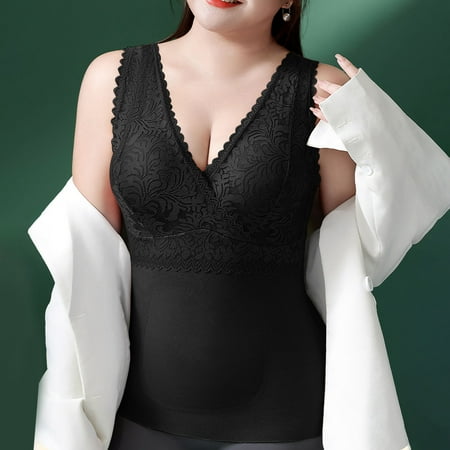 Tao Tao New 2-in-1 Built-In Bra Thermal Underwear Women s V Neck Lace Thermal Vest Warm Underwear For Inner Wear Black XL