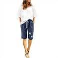 thumbnail image 2 of Dazajoo Women Cotton Linen Drawstring Shorts Summer Trendy Flower Printed Elastic Waist Bermuda Shorts for Women 2024 Loose Casual Knee Length Solid Color Drawstring Pants with Pockets,Navy,M, 2 of 6