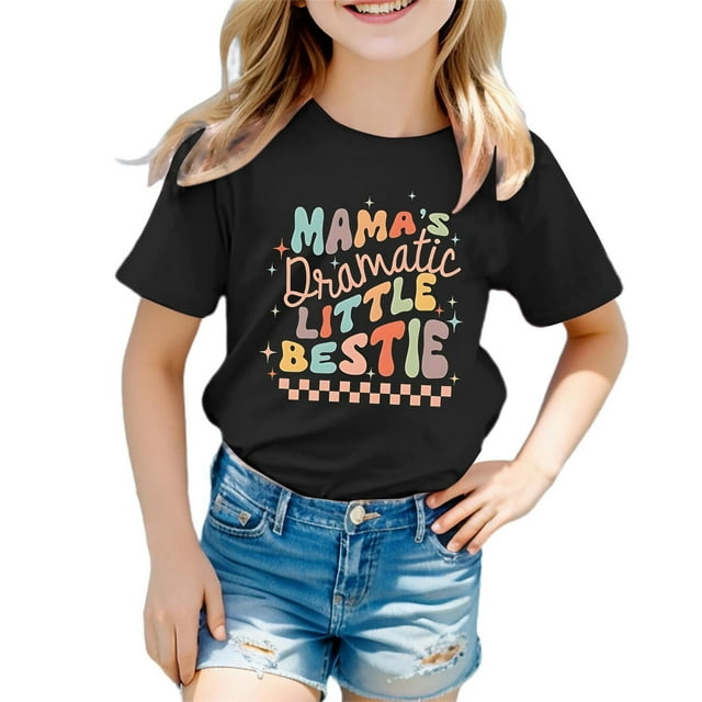 WEIYLL T-Shirts Filles Fête des Mères Impression Lettre Col Rond Manches Courtes Amples Vêtements Enfants 5-6 Ans