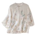 thumbnail image 1 of Uinagy Chemise Rétro Brodée d'Été pour Femmes Col Montant Style Zen Col Oblique, 1 of 9