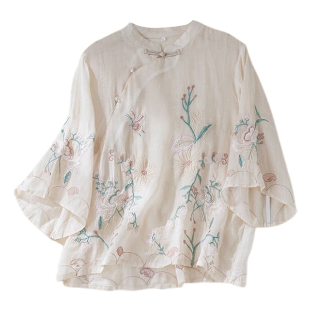 Uinagy Chemise Rétro Brodée d'Été pour Femmes Col Montant Style Zen Col Oblique
