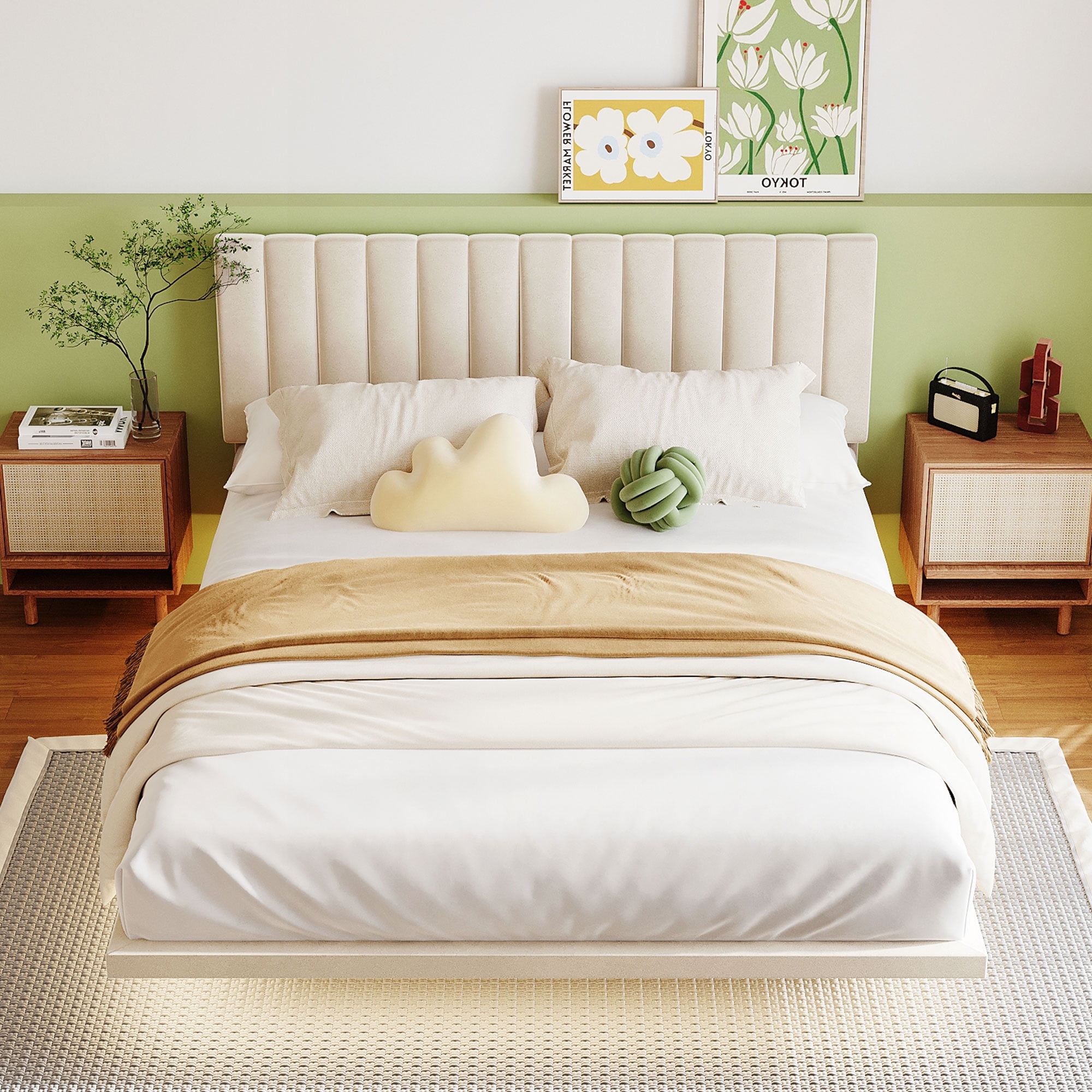 Gewnee Queen Size Floating Upholstered Platform Bed with Sensor Light ,Beige