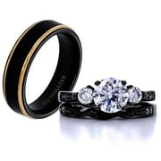 Black Sterling Silver His and Hers Wedding Ring Set 3 Stone CZ Male Men Tungsten Band W-7 & m-7.5