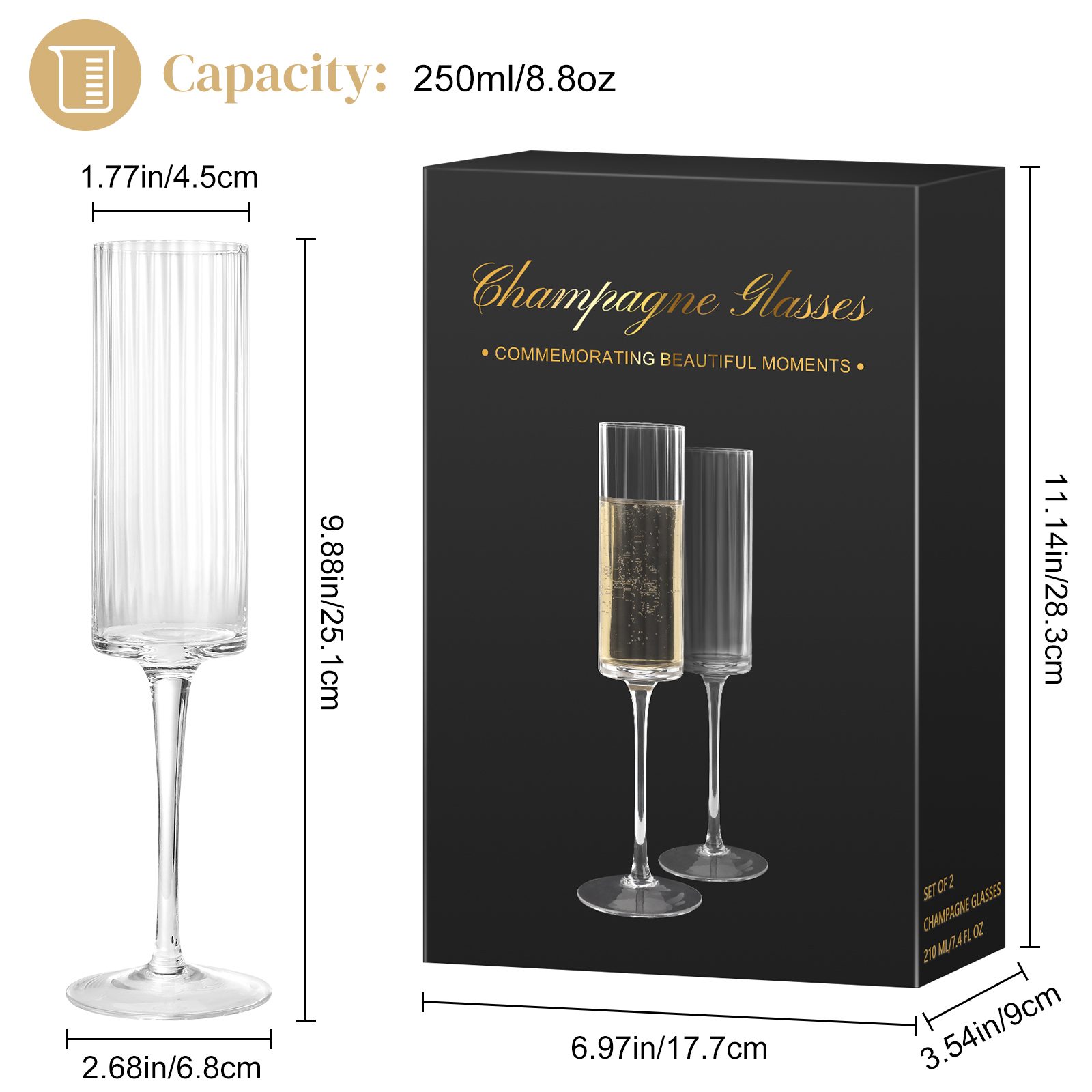 Lead-Free Crystal Champagne Flutes — Luxury Gift Box Set of 2, Dishwasher Safe, Shatterproof Foam Packaging, Perfect for Weddings, Anniversaries, Birthdays & Holidays