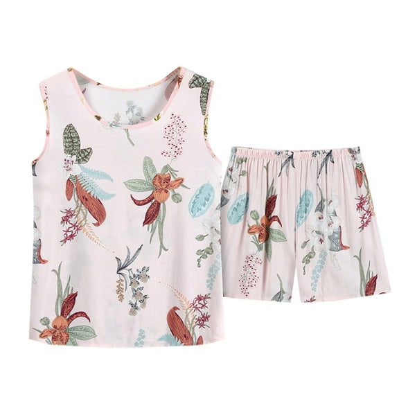 Womens Sleeveless Pajamas Print Set Casual Sleepwear Soft Pj Sets Tank Top and Shorts Loungewear for Summer