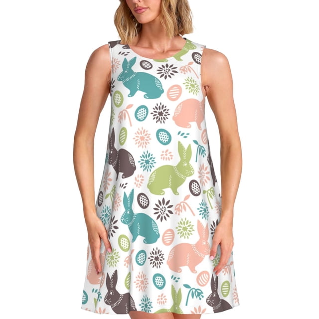 Balery Easter Rabbit Vestidos de verano para mujer con estampado: vestido holgado sin mangas, vestido playero informal y cómodo para días calurosos.