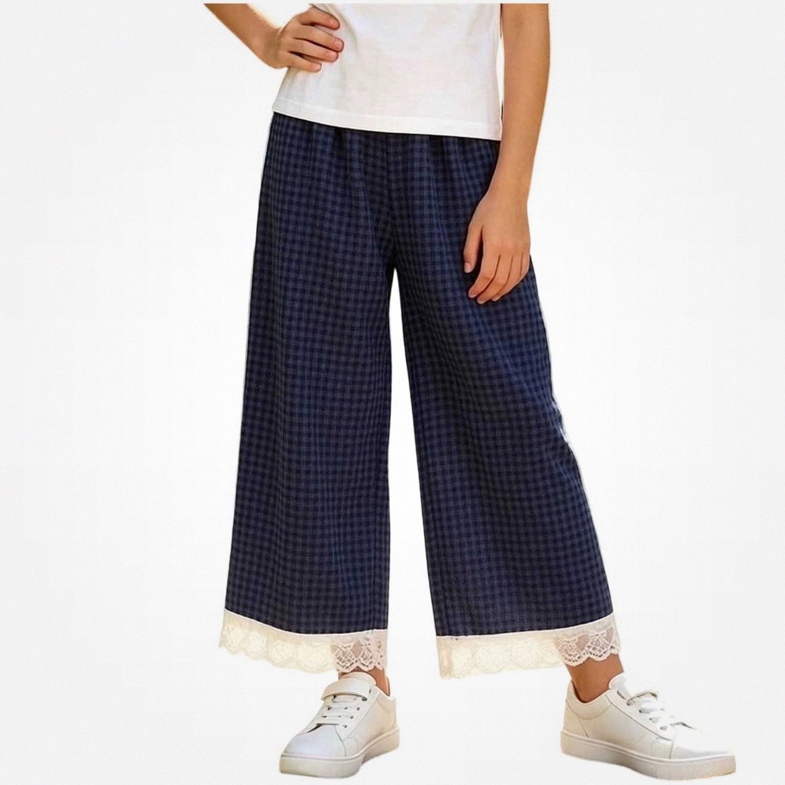 WAVSUF Kids Girls Wide Leg Pants Plaid Printed Elastic Waist Loose Fit Fall Breathable Cute Pants Blue 10-12