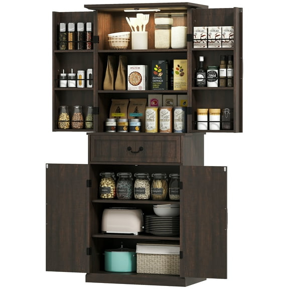 HOMCOM Farmhouse Kitchen Pantry Cabinet with Light, Storage Cabinet, Brown