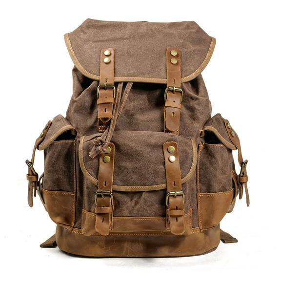 ISMART Waterproof Canvas & Genuine Leather Backpack, Travel, Hiking, School Bag