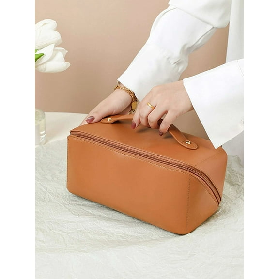 SEARIPE Cosmetic Bag Plain Multi Layer Makeup Bag Zipper Organizer Toiletry Bag Waterproof Travel Bags for Women and Girls Brown