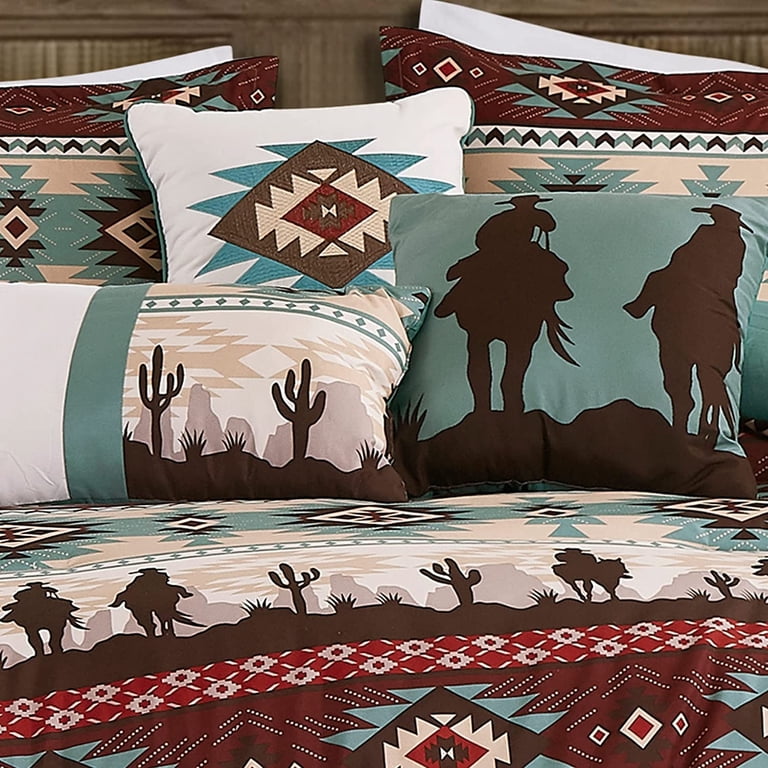 Chezmoi Collection Audun - Set di 3 piumini in microfibra lavata, motivo: cowboy Southwestern – multicolore color foglia di tè marrone, beige, rosso marrone chiaro e rosso