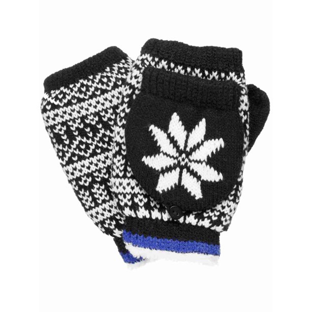 Isotoner Smart Dri Womens Black Snowflake Fingerless Gloves Convertible Mittens