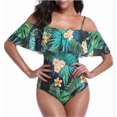 Women 1 Piece Off-Shoulder Flounce Monokini Swimwear Green Leaves Printing, (Best Swimsuits For Small Breasts)