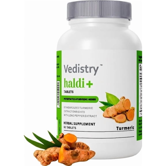 Vedistry Turmeric Tablets with Curcumin & Long Pepper, Herbal Turmeric Supplement, Vegan Haldi Tablets, Daily Wellness, 60 Count