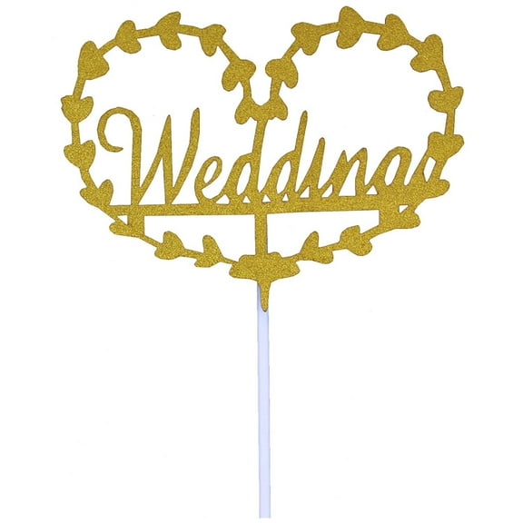 O'Creme Gold-Colored-Script-Wedding-in-Heart Cake Topper with Separate Stick