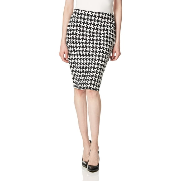 Star Vixen Women's Below-Knee Pencil Skirt with Back Slit, Black/Ivory Houndstooth Print, L