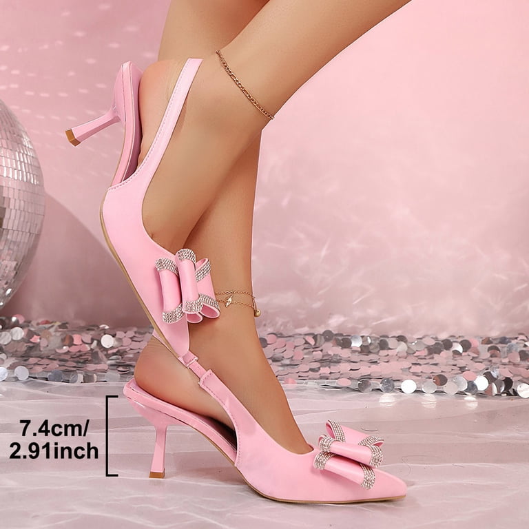 Pink Heels Pink Dress Shoes For Ladies Slingback Rhinestone Bow Heels For Women Closed Pointed Toe Pink Heels Pink Dress Shoes For Ladies Slingback Rhinestone Bow Heels For Women Closed Pointed Toe