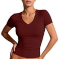 thumbnail image 2 of Basic Womens V Neck Short Sleeve T Shirt Slim Fit Tees Summer Y2k Going Out Fitted Tops Tight Shirts Wine L, 2 of 7