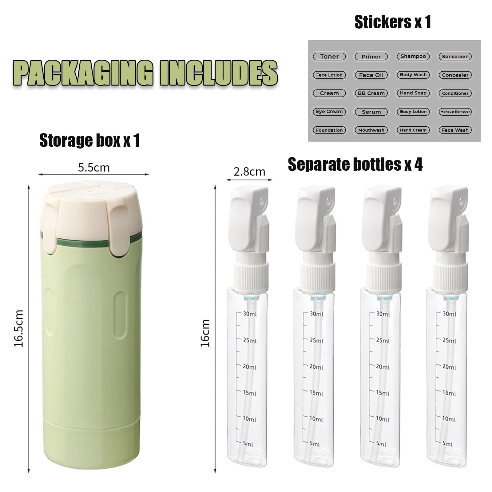 4-in-1 Leakproof Rotatable Travel Dispenser Set, Portable Travel Toiletries Bottle Set with Scale Label, Push-Down Dispenser, for Flights Gym Bag Weekends Away (White)