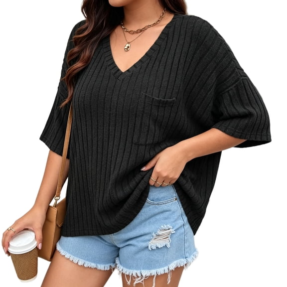 Plus Size Women Ribbed Knit T‑Shirt V‑Neck Half Sleeve Loose Casual Top