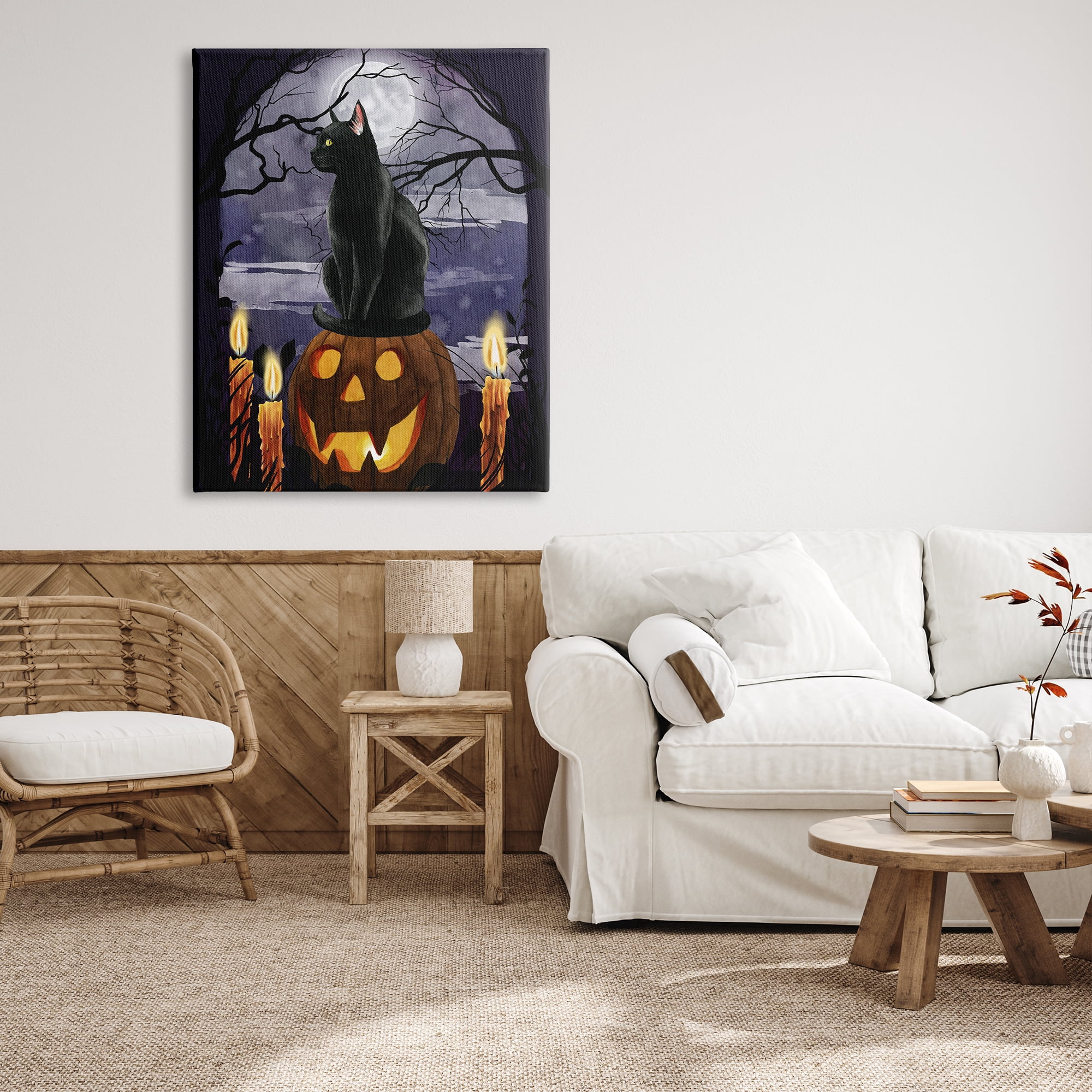 Stupell Industries Full Moon Halloween Night Spooky Black Cat Jack-o'-lantern, 36 x 48, Design by Grace Popp