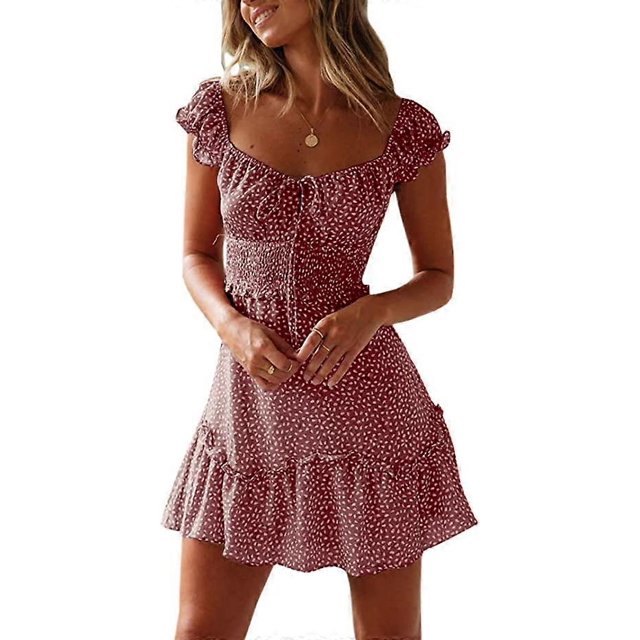 ZHAOCHENG Vestido mini de verano con escote en forma de corazón y mangas con volantes para mujer, talla L, rojo
