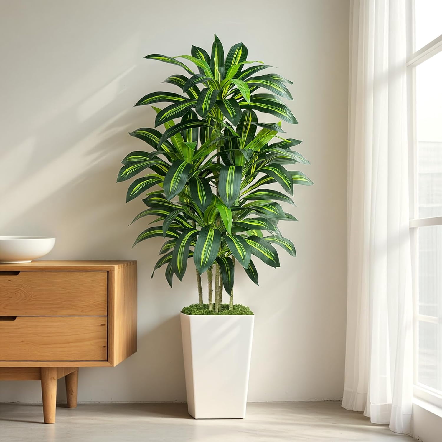 Keeplush 5FT Artificial Dracaena Tree with White Tall Planter - High-Density Silk Faux Yucca Fake Tree for Indoor Home Office Decor, Large Tall Artificial Floor Plant (150cm/5ft)