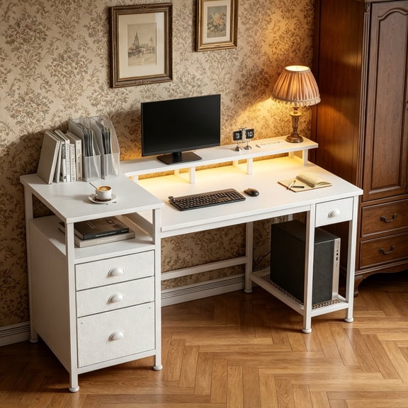 60" White Office Computer Desk with 4 Drawers, Gaming Desk with LED Lights and Power Outlets, Long Desk with Fabric File Cabinet, Study Writing Work Table with Shelf for Bedroom Home Office