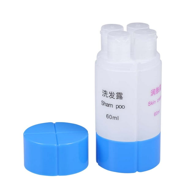 Juego de botellas de viaje 4 en 1 de 60 ml, organizadas y a prueba de fugas, con dispensadores para champú, loción y jabón (azul)