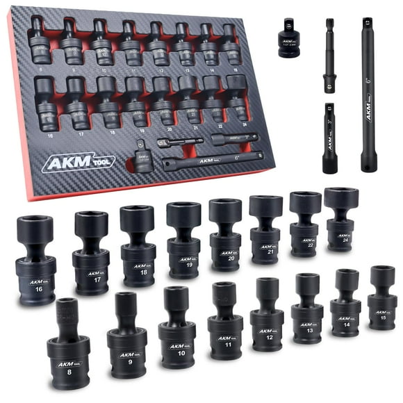 AKM TOOL 3/8" Drive Universal Impact Socket Set, 20 Piece Swivel Socket Set, Universal Joint Socket 6-Point, Metric, 8-22mm, Cr-Mo,with Extension Bars, Socket Adapte