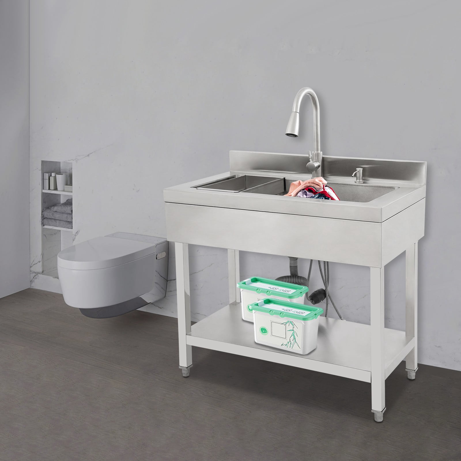 Utility Sink, Stainless Steel Kitchen Sink with Faucet, Freestanding Laundry Tub with Pull-Out Sprayer, 2 Water Modes, Durable & Large Capacity
