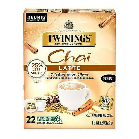 Twinings Chai Latte Black Tea K-Cup Pods for Keurig, 22 Count (Pack of 1), Creamy, Slightly Sweet, Less Sugar, Caffeinated, Enjoy Hot or Iced