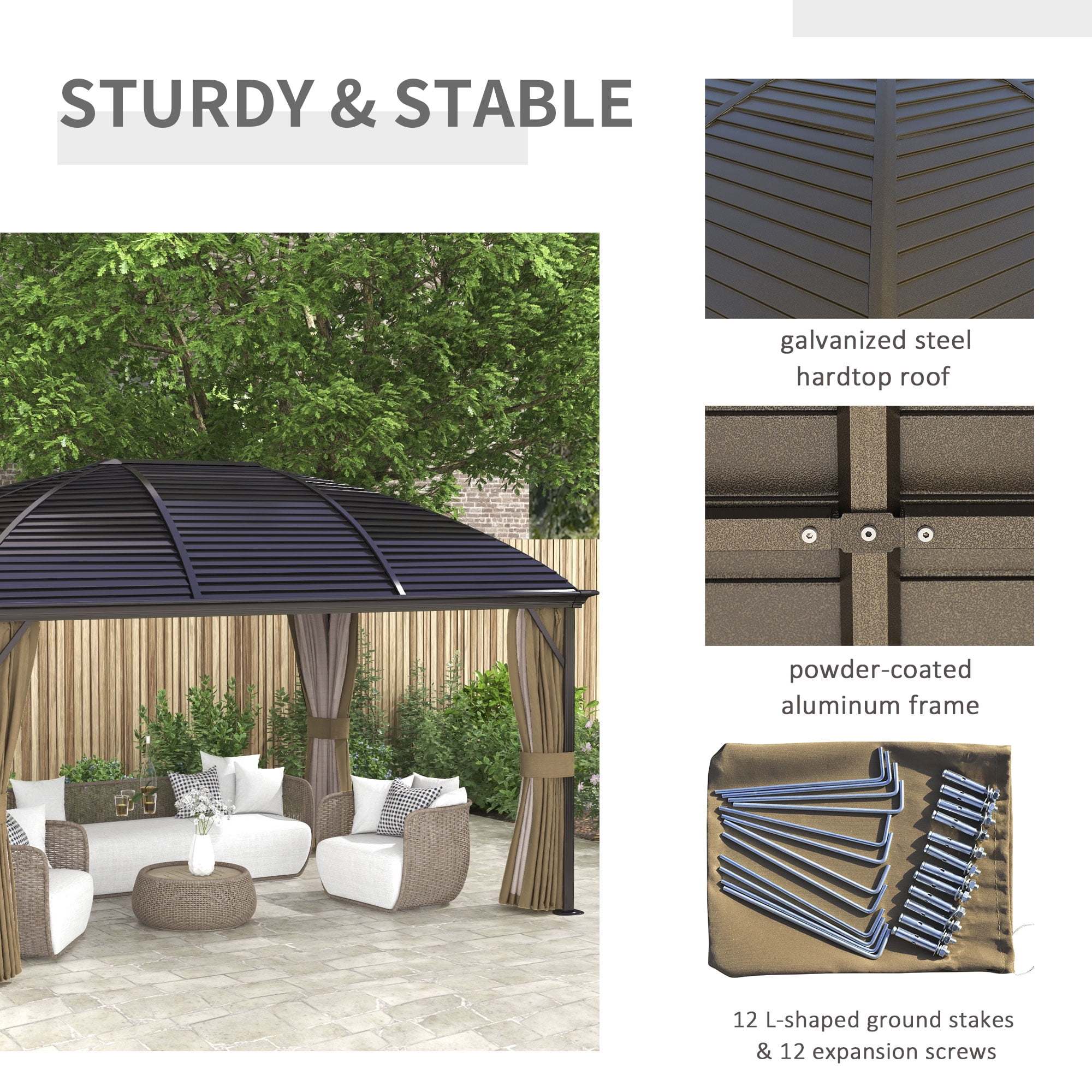 Homiyad 10' x 14' Hardtop Gazebo with Curtains, Netting, Pavilion with Steel Roof Ceiling Hook for Garden Patio, Brown