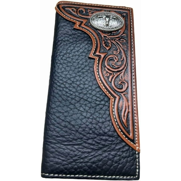 Mens Long Wallet Black Leather Soft Leather Cow Hair Checkbook Style Cowboy Hand Crafted High End Mens Wallets Leather Tooled Longhorn