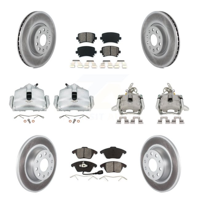 Transit Auto Front Rear Disc Brake Caliper Coated Rotors and Semi-Metallic Pads Kit (10Pc) for Car Volkswagen GTI KCG-101062S
