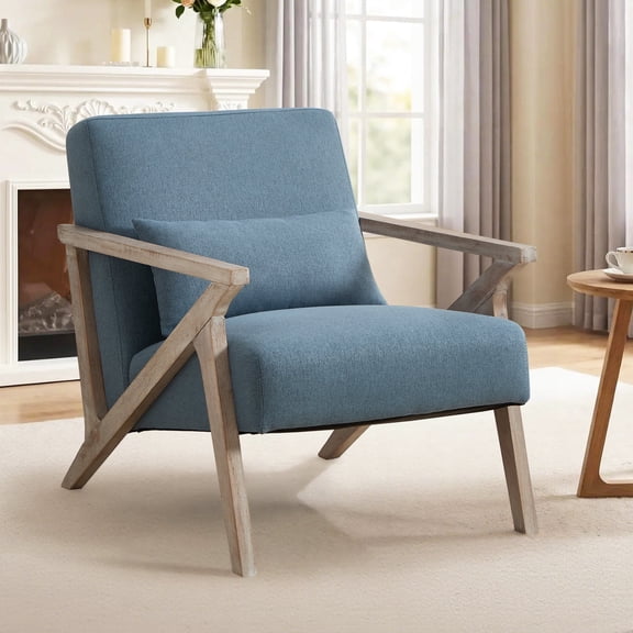 Ebello Rustic Mid-Century Modern Accent Chair,Fabric Upholstered Armchair,Wood FrameSingle Sofa (1-Pack,Blue)