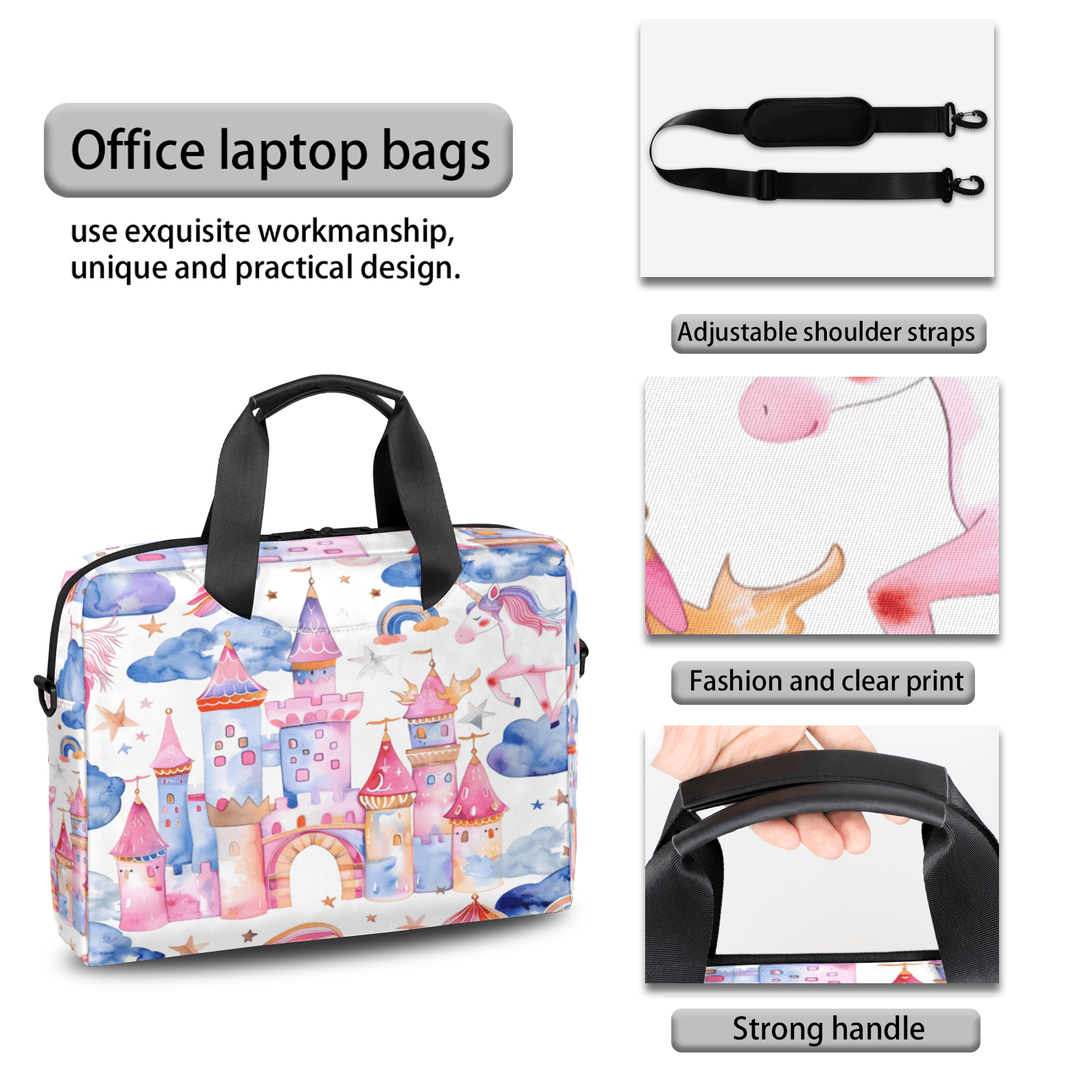 Herdesigns Unicorn Castle Rainbow Laptop Bag for Women Men, Computer Case Briefcase Messenger Bags, 15-15.6 inch Laptop Sleeve Shoulder Bag