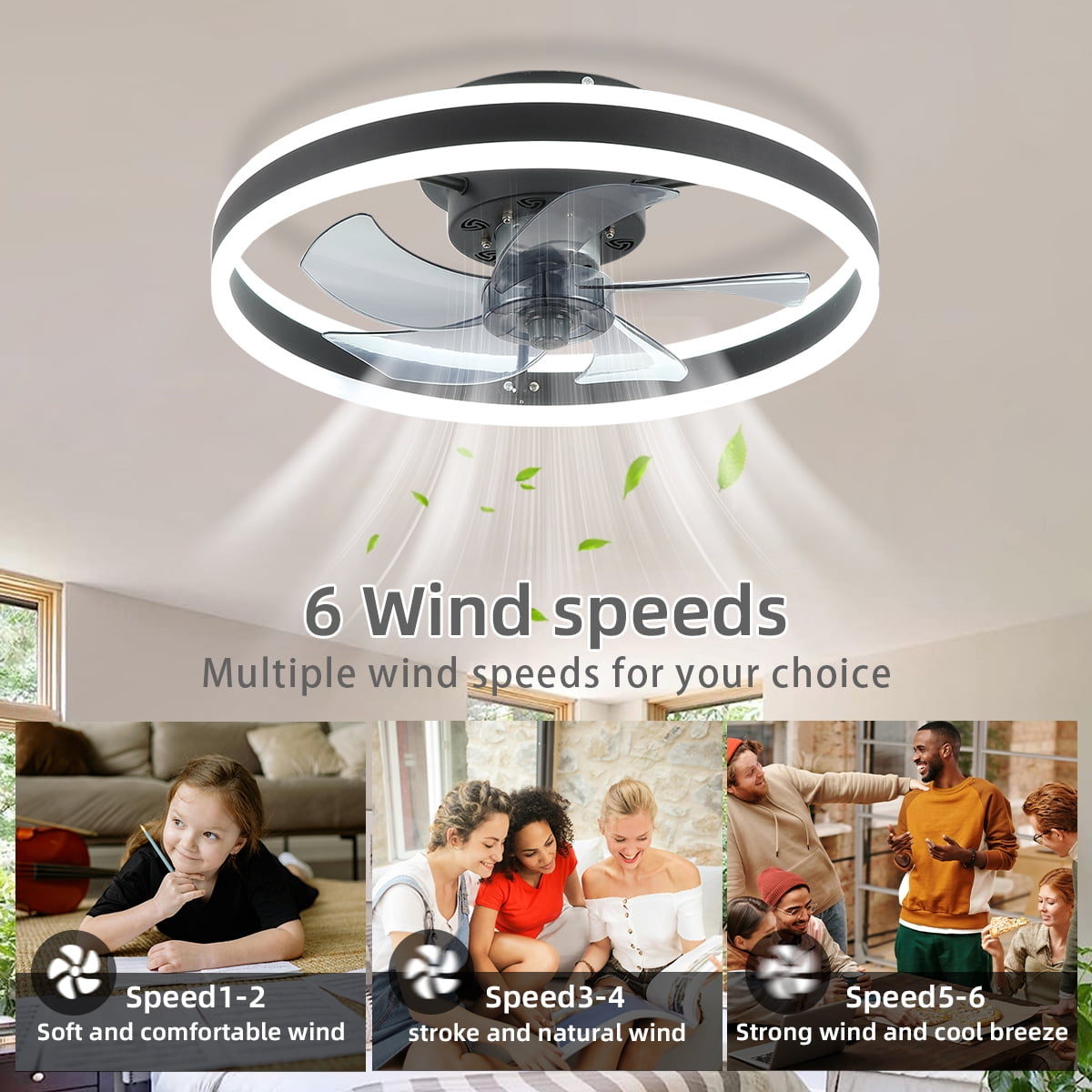 Low Profile Ceiling Fans with Lights and Remote, 20 in Flush Mount Ceiling Fans with Light, 3000K-6000K Dimmable Fandelier LED Fan Light and Reversible Moter, for Bedroom Living Room, Black