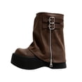 thumbnail image 2 of EKVAHL Women's Buckle Mid‑Calf Boots, Faux Leather Decorative Strap Moto Boots, Chunky Low Heel Round Toe Casual Boots Brown, 2 of 4