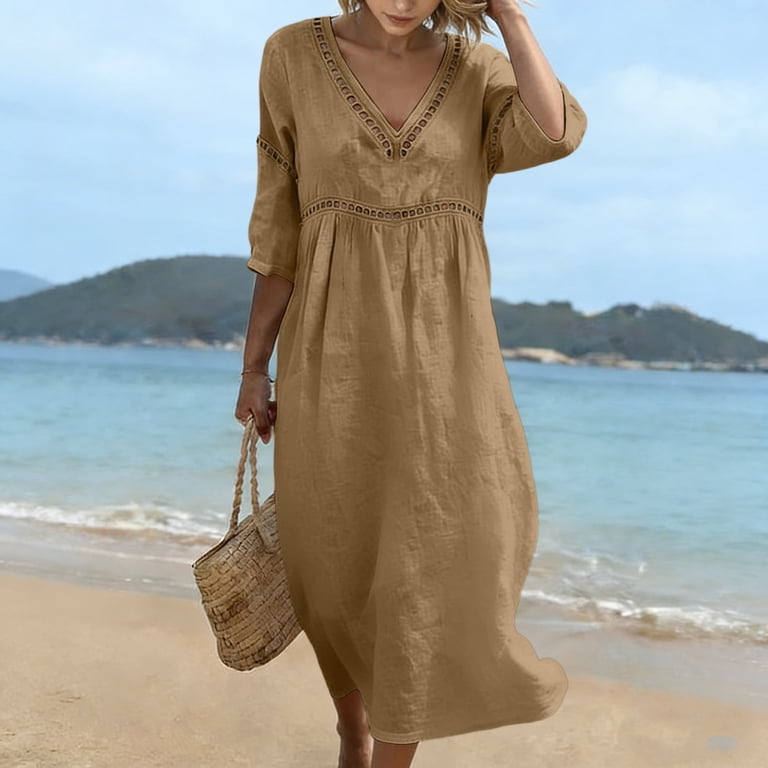 three quarter sleeve midi casual dresses for women CASUAL LINEN MIDI DRESS WITH THREE-QUARTER SLEEVE CUT Loopy Wear