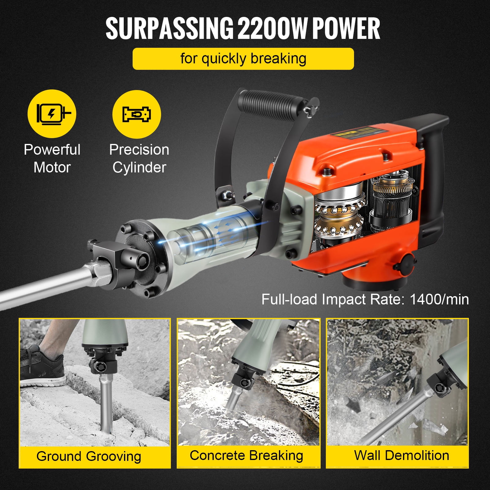 VEVOR Demolition Jack Hammer Concrete Breaker 2200W Electric Hammer 4 Chisel Bit