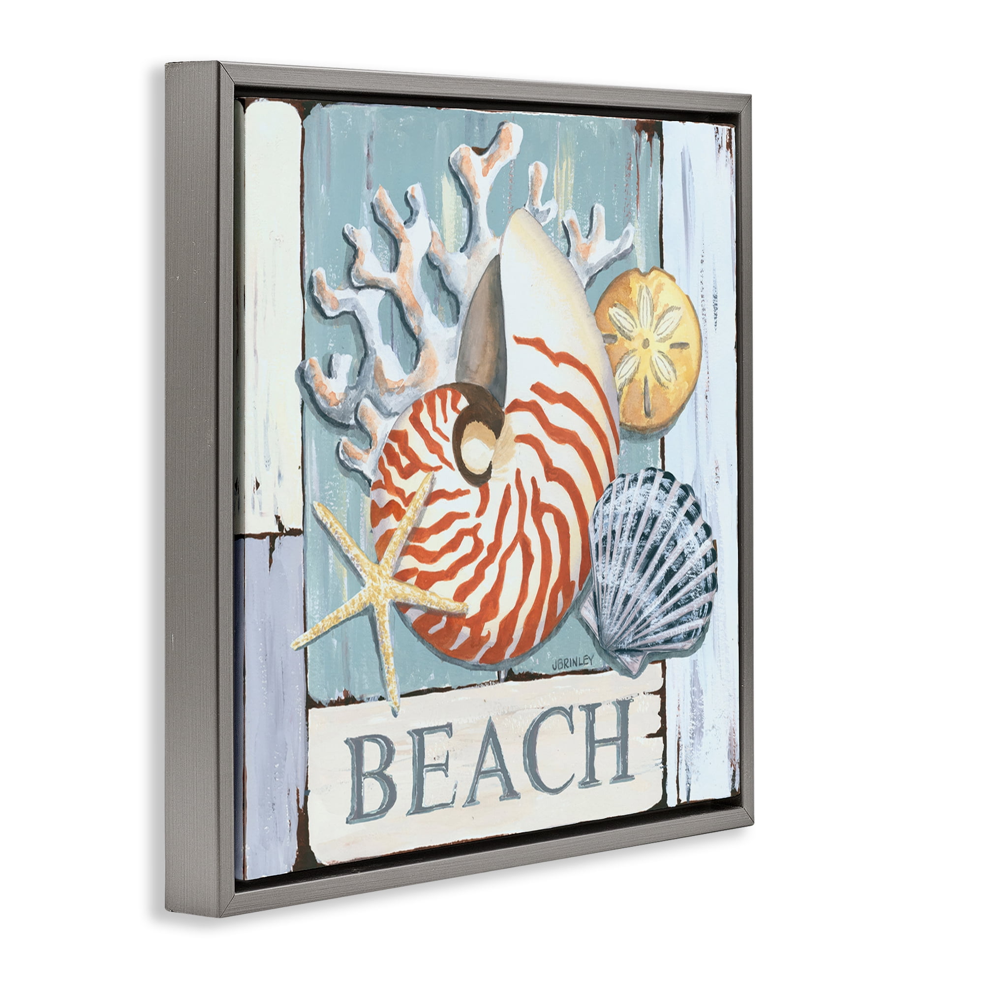 Stupell Industries Distressed Beach Shells Nautical & Beach Painting Gray Floater Framed Canvas Art Print Wall Art, 18 x 18