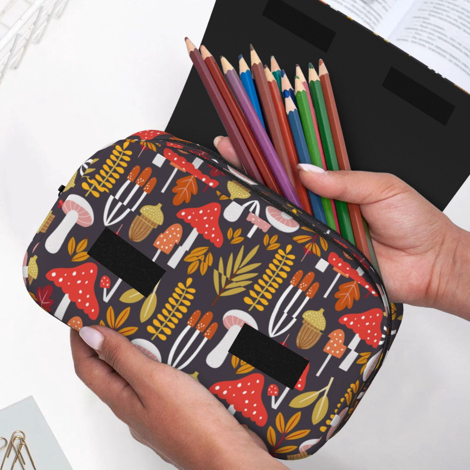Rateoe Mushrooms And Leaves Pattern Double Clamshell Pen Case, Storage Organizer with Two Zipper Compartments– Holds Up to 50 Pencils & Pens