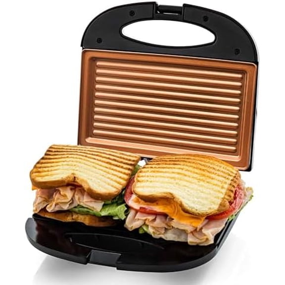 Electric Panini Press Grill with Nonstick Plates, LED Indicator Lights, Thermostat Control, Compact Sandwich Maker Perfect for Cooking Breakfast, Steaks, Eggs Snacks & More, Copper GP0110CO