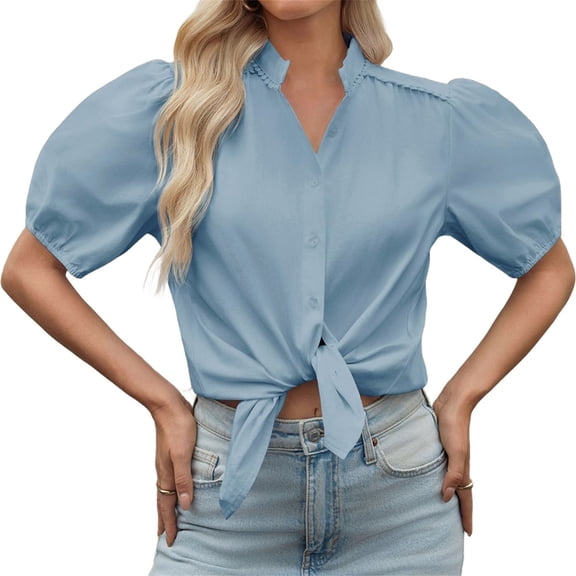 Womens Puff Sleeve Button Down Shirts Cotton Pleated Loose Fit Tops Summer Dressy Casual Blouses