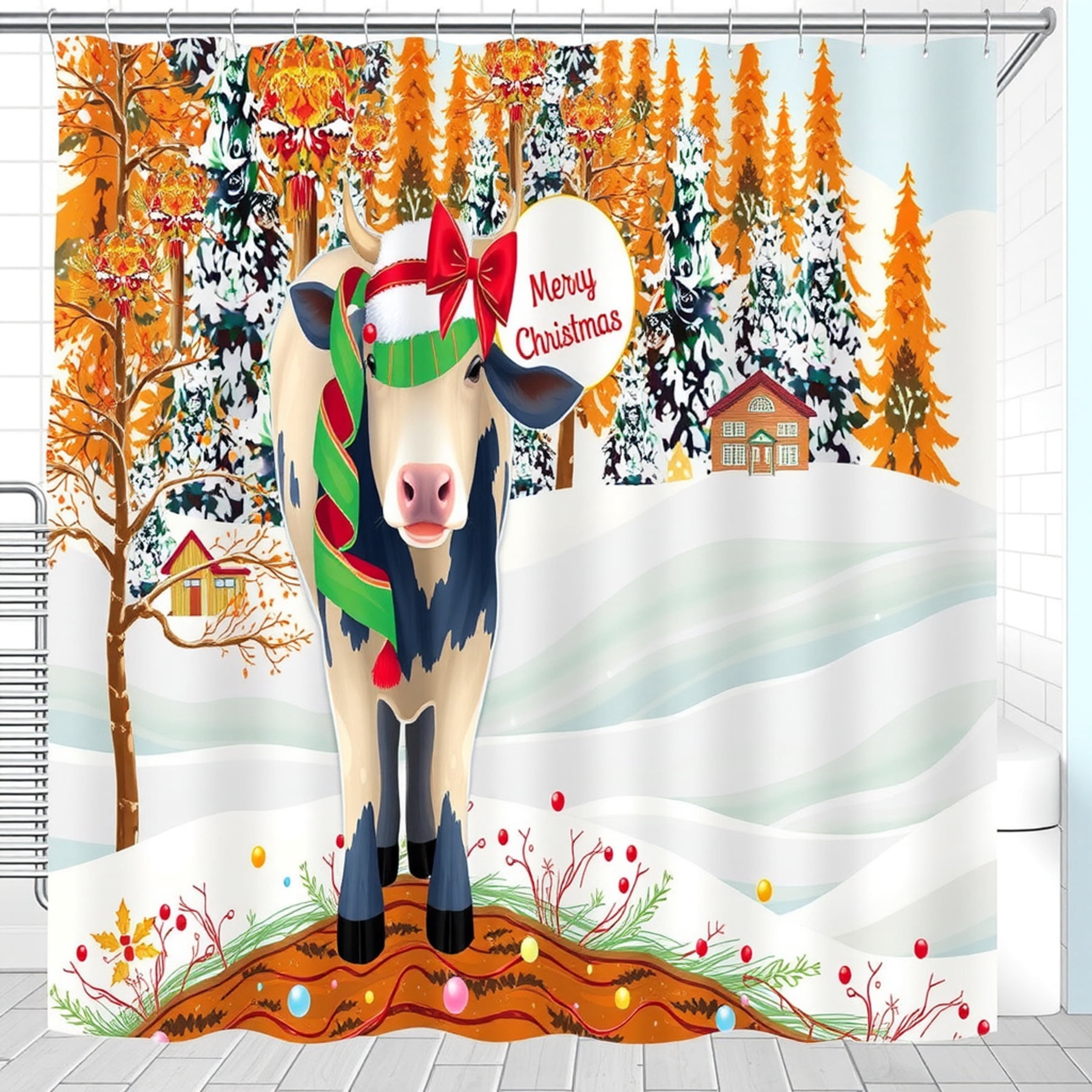 Festive Holiday Shower Curtain - Merry Christmas Design, Snowy Forest Scenefor Seasonal Decor!