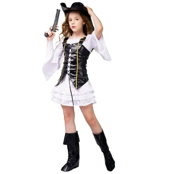 FASHOFT Halloween For Girls Pirate Themed Role Play Cosplay Outfit Kids Stage Performance Party Fancy Dress Wear For Little Children Toddler Girl Halloween White 100=S